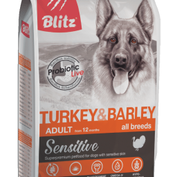 Blitz Sensitive с индейкой и ячменем сухой корм для взрослых собак всех пород