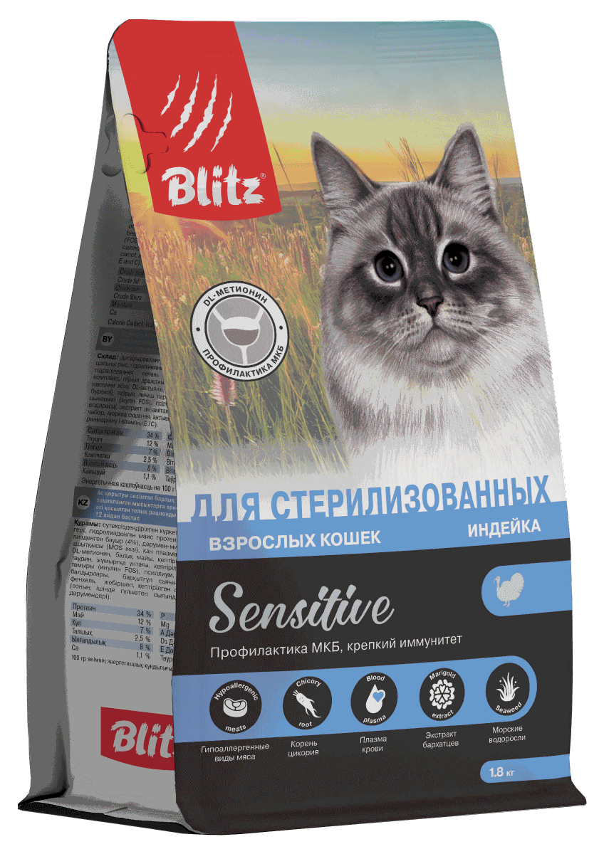 Blitz Sensitive с индейкой сухой корм для стерилизованных кошек с чувствительным пищеварением