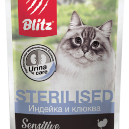 Blitz Sensitive «Индейка и клюква» нежные кусочки в соусе — влажный корм для кастрированных или стерилизованных кошек и котов
