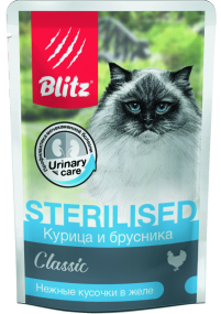 Blitz Classic «Курица и брусника» — нежные кусочки в желе влажный корм для кастрированных котов и стерилизованных кошек