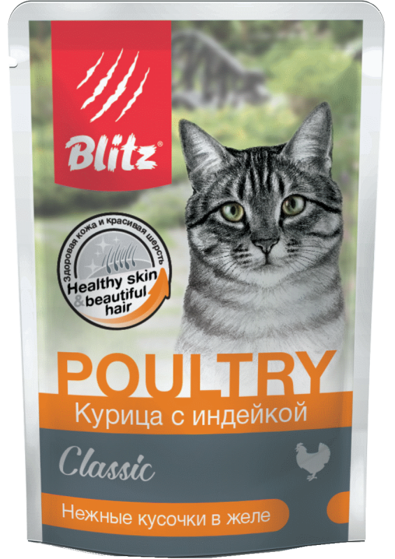 Blitz Classic «Курица с индейкой» — нежные кусочки в желе влажный корм для взрослых кошек