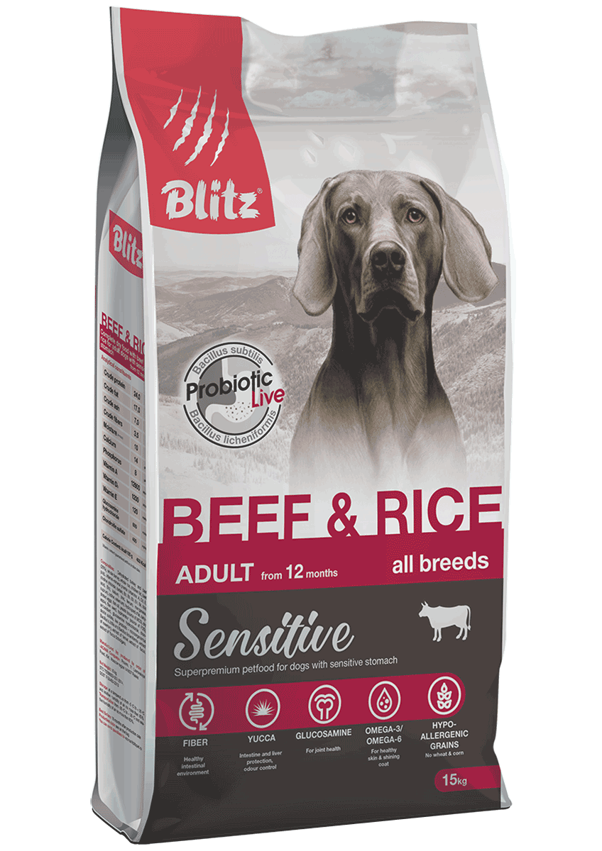 Blitz Sensitive с говядиной и рисом сухой корм для взрослых собак всех пород