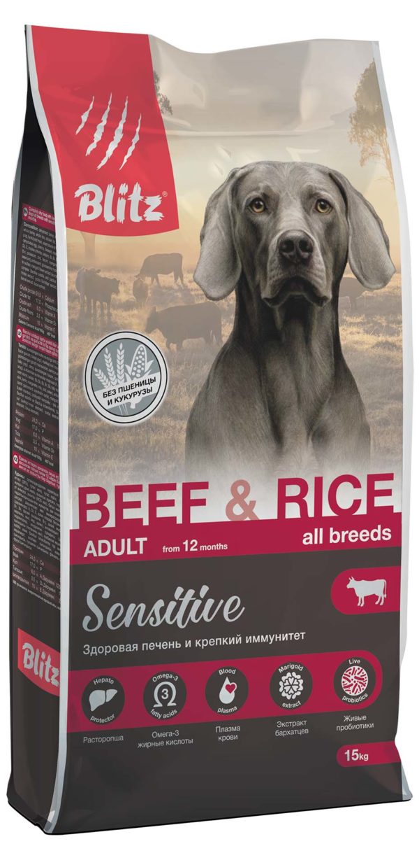 Blitz Sensitive Beef & Rice Adult Dog All Breeds: сухой корм «Блиц» с ...