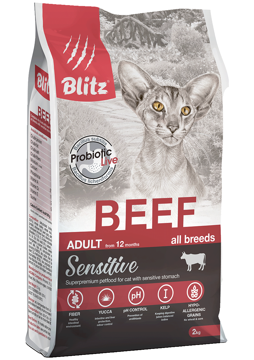Blitz Sensitive Beef Adult Cats: сухой корм «Блиц» с говядиной для взрослых  кошек | Blitz