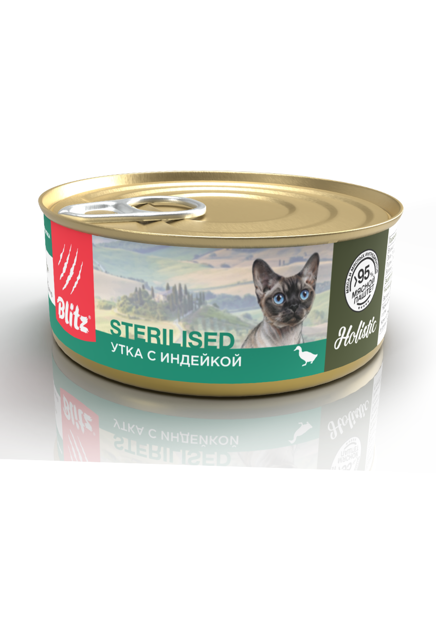 Blitz Holistic «Утка с индейкой» мясной паштет — влажный корм для стерилизованных кошек