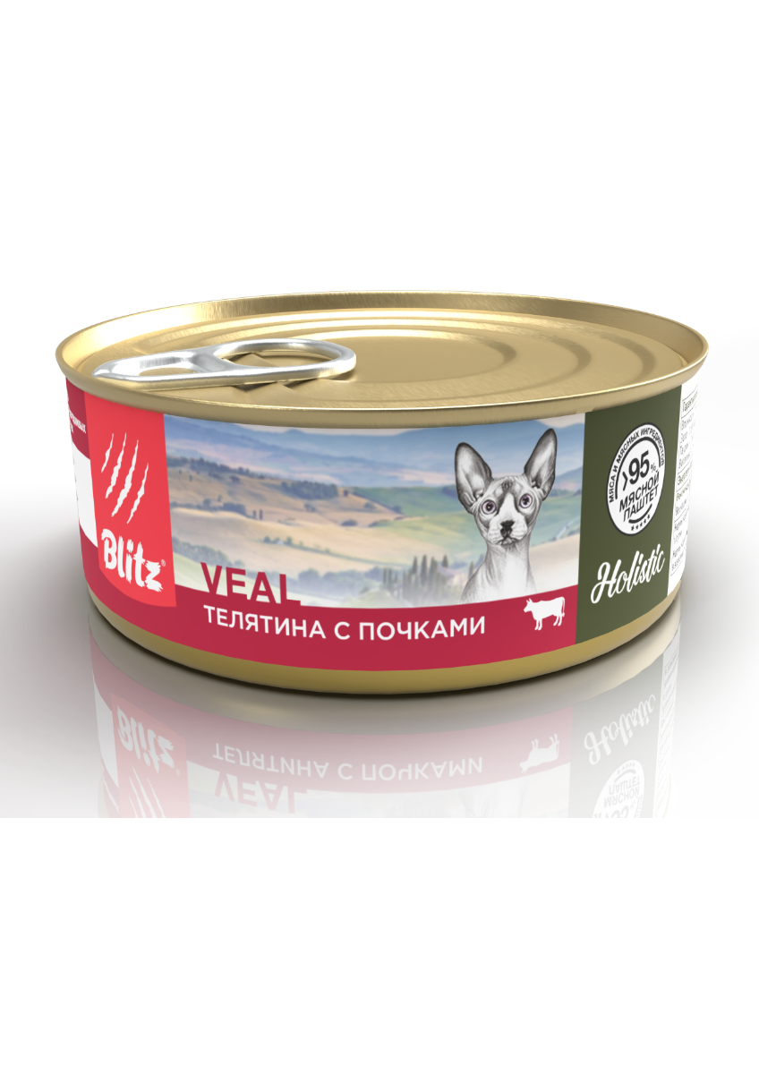 Blitz Holistic «Телятина с почками» мясной паштет — влажный корм для взрослых кошек