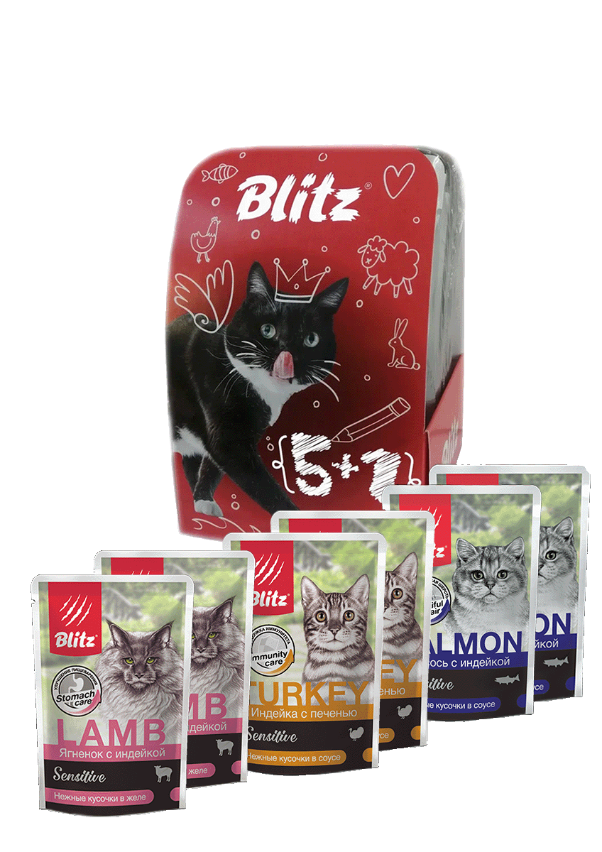 Blitz Sensitive Ассорти 5 + 1 набор влажных кормов для взрослых кошек