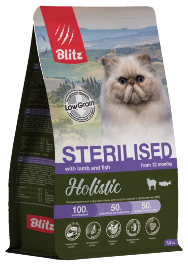 Blitz Holistic ЯГНЁНОК и РЫБА — низкозерновой сухой корм для стерилизованных кошек