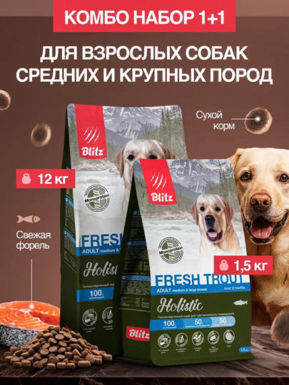 Набор Blitz Holistic Adult FRESH TROUT сухой корм для собак форель 12кг+1,5кг в подарок