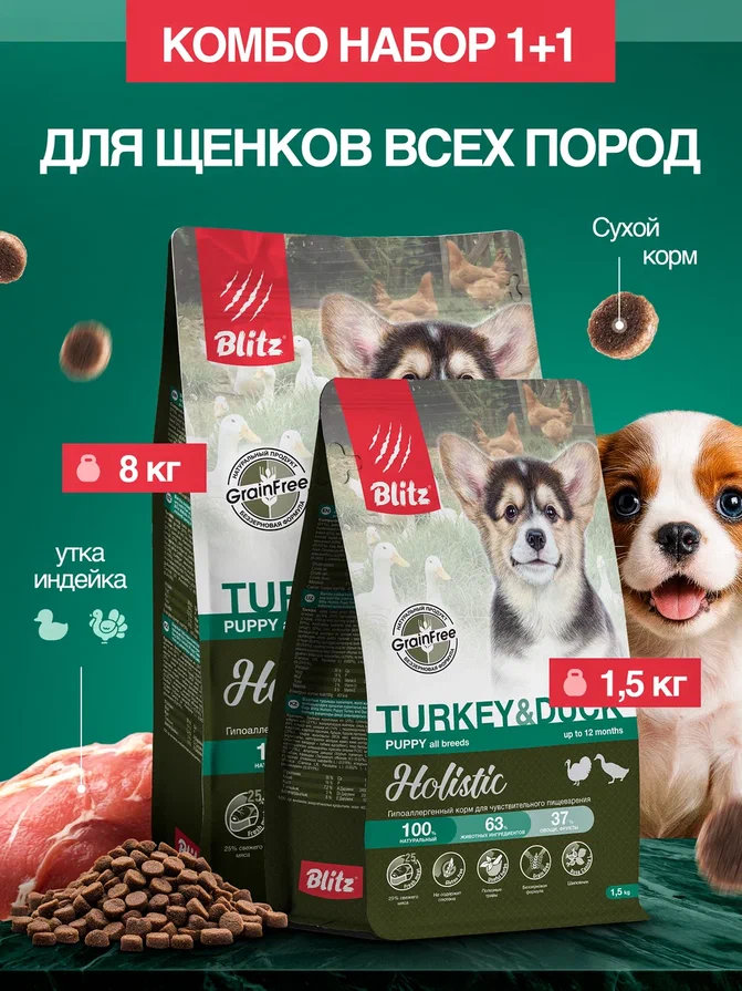 Набор Blitz Holistic Puppy TURKEY & DUCK сухой корм для щенков индейка и утка 8кг+1,5кг в подарок
