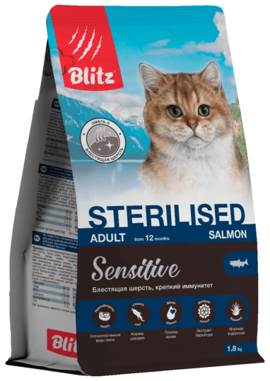 Blitz Sensitive с лососем сухой корм для стерилизованных кошек